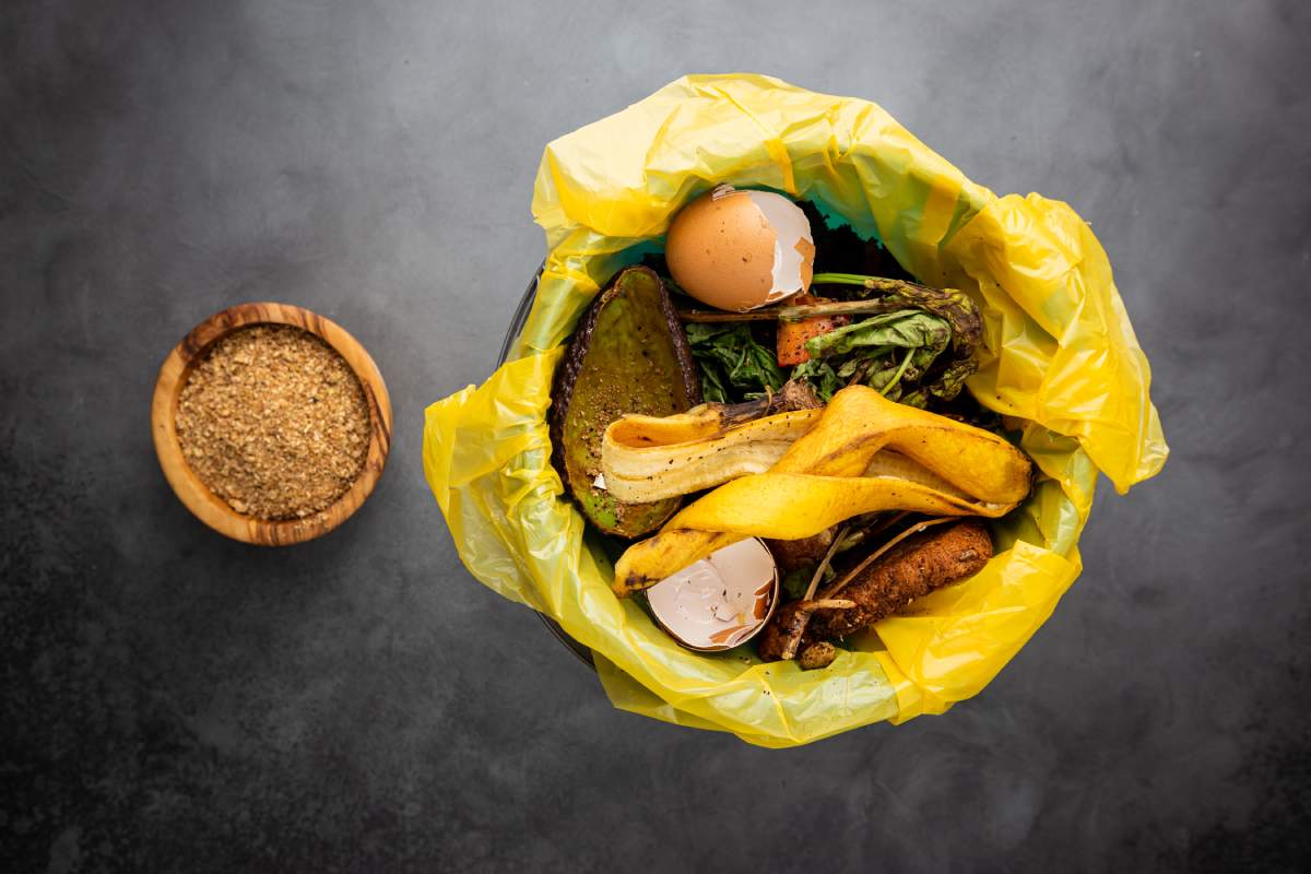 Organic food wastes in a bucket, shot from above. Zero waste, recycle, waste sorting concept - top view of peels and leftovers of fruit and vegetables